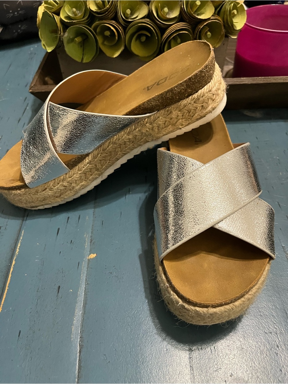 Metallic Silver Cross‑Strap Espadrille Wedge Sandals - Women